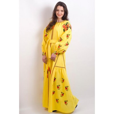 Boho Style Ukrainian Embroidered Maxi Broad Dress Yellow "Ukrainian Tradition"